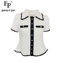 2024 Early Autumn New Contrast Color Ruffles Sweater Cardigan Women Short Sleeve Single Breasted Knit Tops 5240166