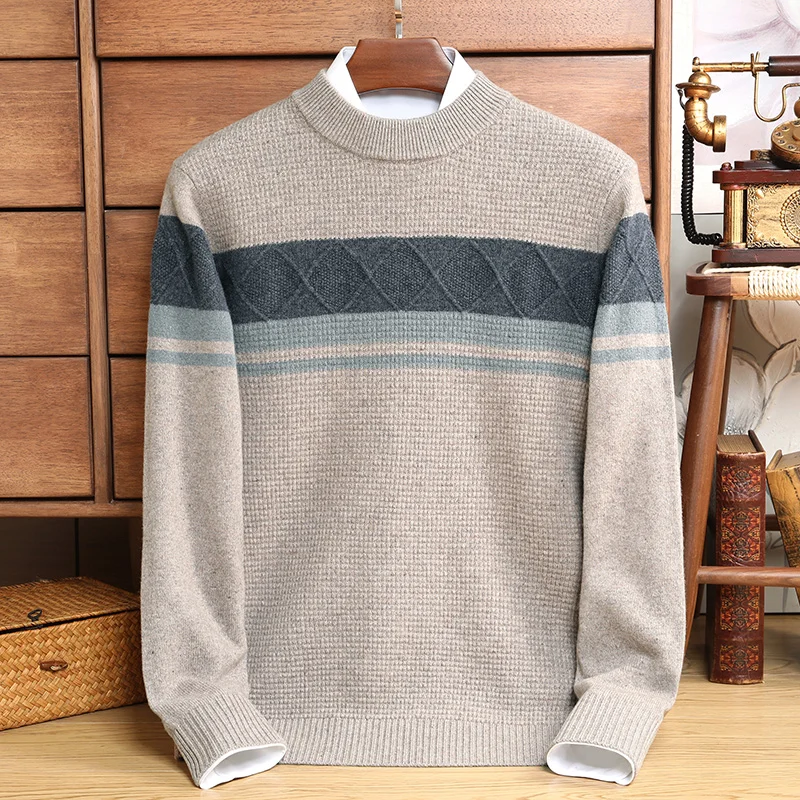 23 Autumn And Winter New Men\'s Pure Wool Round Neck Embedded Pattern Color Matching Pullover High End Thickened Knitted Sweater