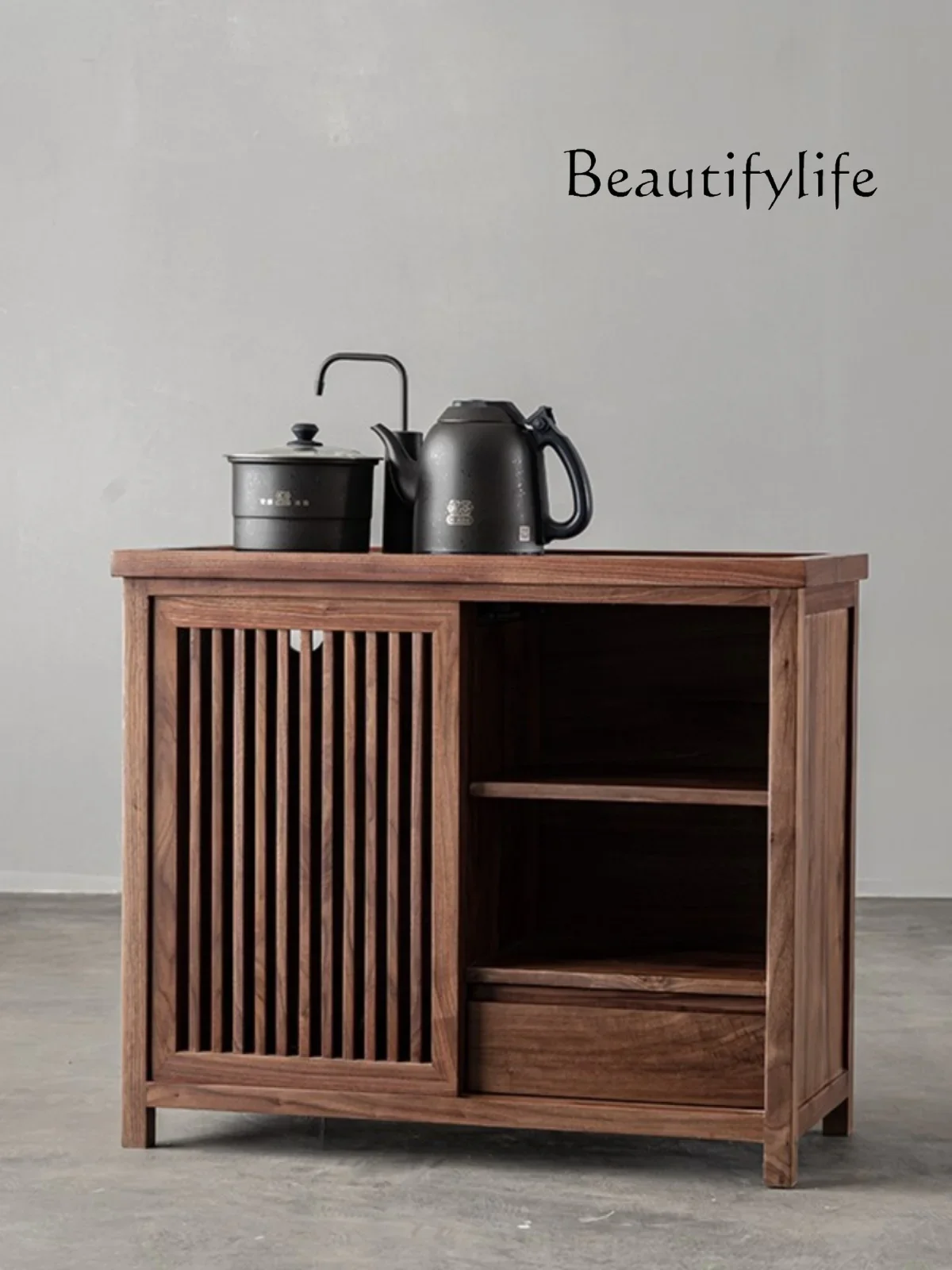 New Chinese black walnut solid wood mobile tea cabinet with bucket storage under the boiling water cabinet