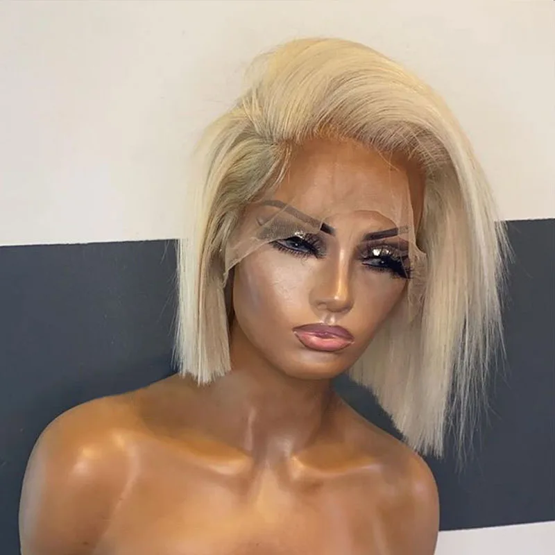 Kurzer Bob, weich, 613 Blond, 180 Dichte, natürlich, seidig, gerade, Lace-Front-Perücke für schwarze Frauen, Babyhaar, vorgezupft, täglich, ohne Kleber