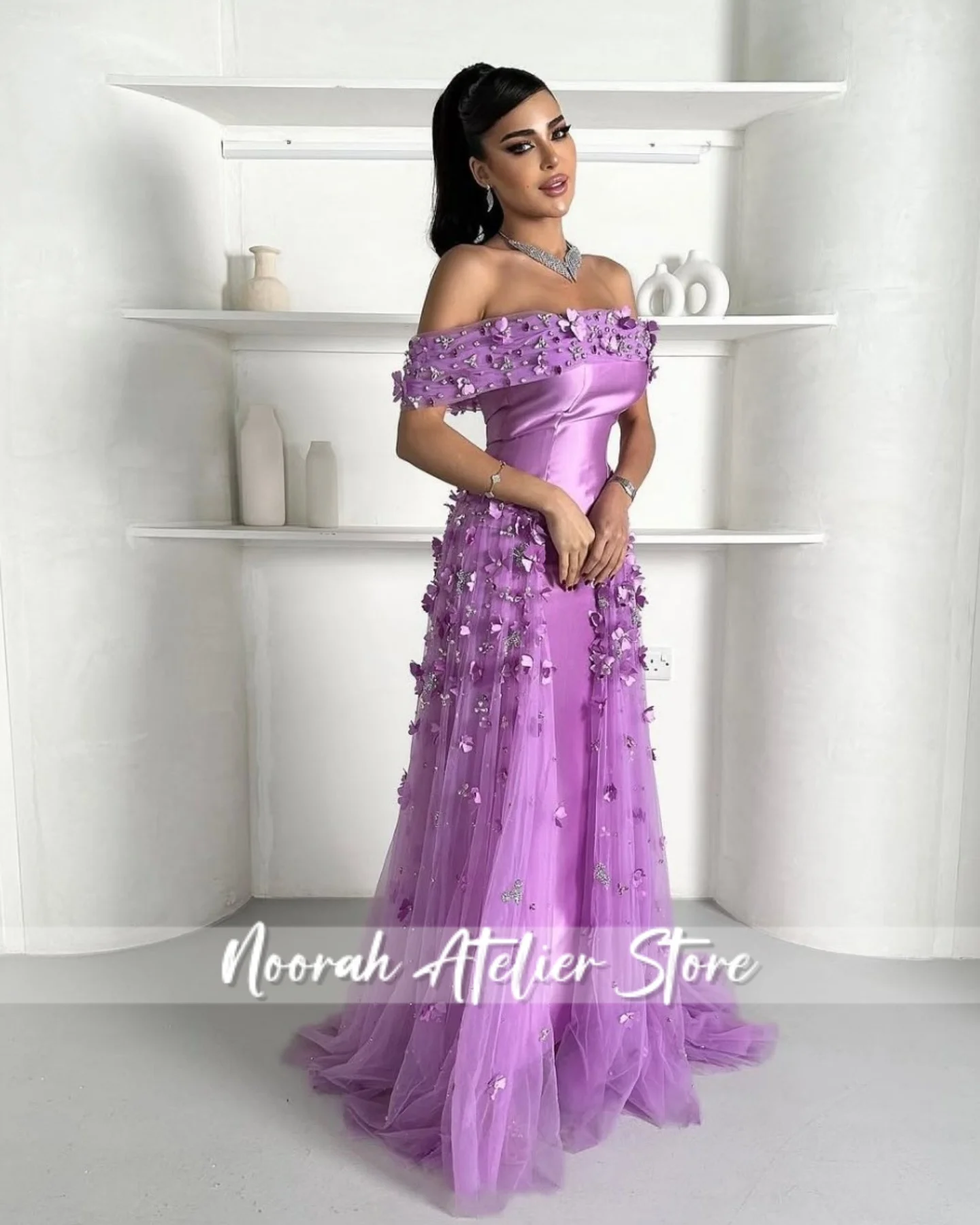 

Pink Off Shoulder 3D flower luxury women Evening Dresses 2025 Bead Aline Tulle Women Dubai Party Long Dress Vestido Customized