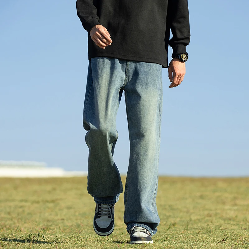 Men's Pockets Spring Autumn Button High Waist Zipper Gradient Solid Denim Wide Leg Casual Loose Work Trousers Vintage Pants