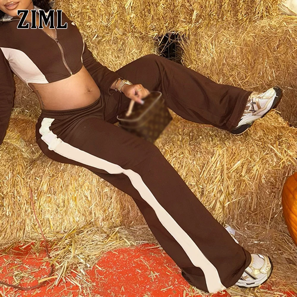 

ZIML Hit Color Two Piece Sets for Women Lapel Long Sleeve Spliced Zipper Tops High Waist Loose Pants Casual Chic Set Female New