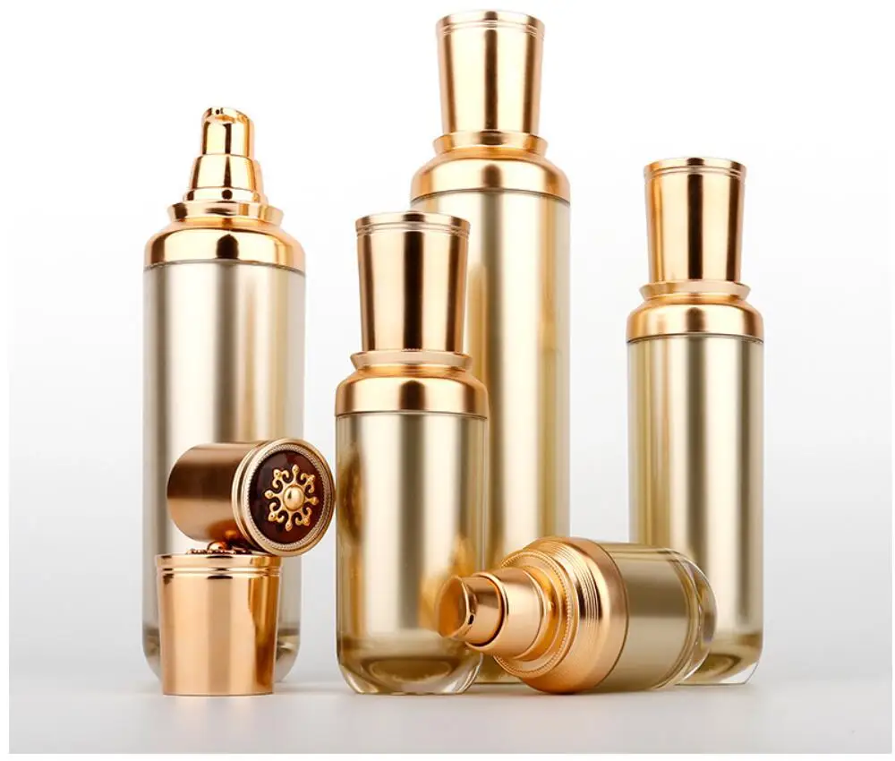 Bottiglia di plastica acrilica dorata da 30 ml siero/fondotinta lozione/emulsione/essenza tonica liquida sbiancante per la cura della pelle imballaggio cosmetico