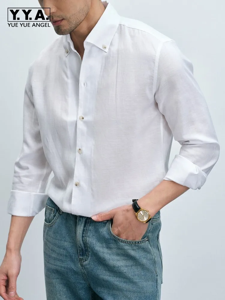 Business Male Turn Down Collar Single-Breasted Shirts Leisure Long Sleeves Mens Tops Breathable Men Solid Color Outerwear