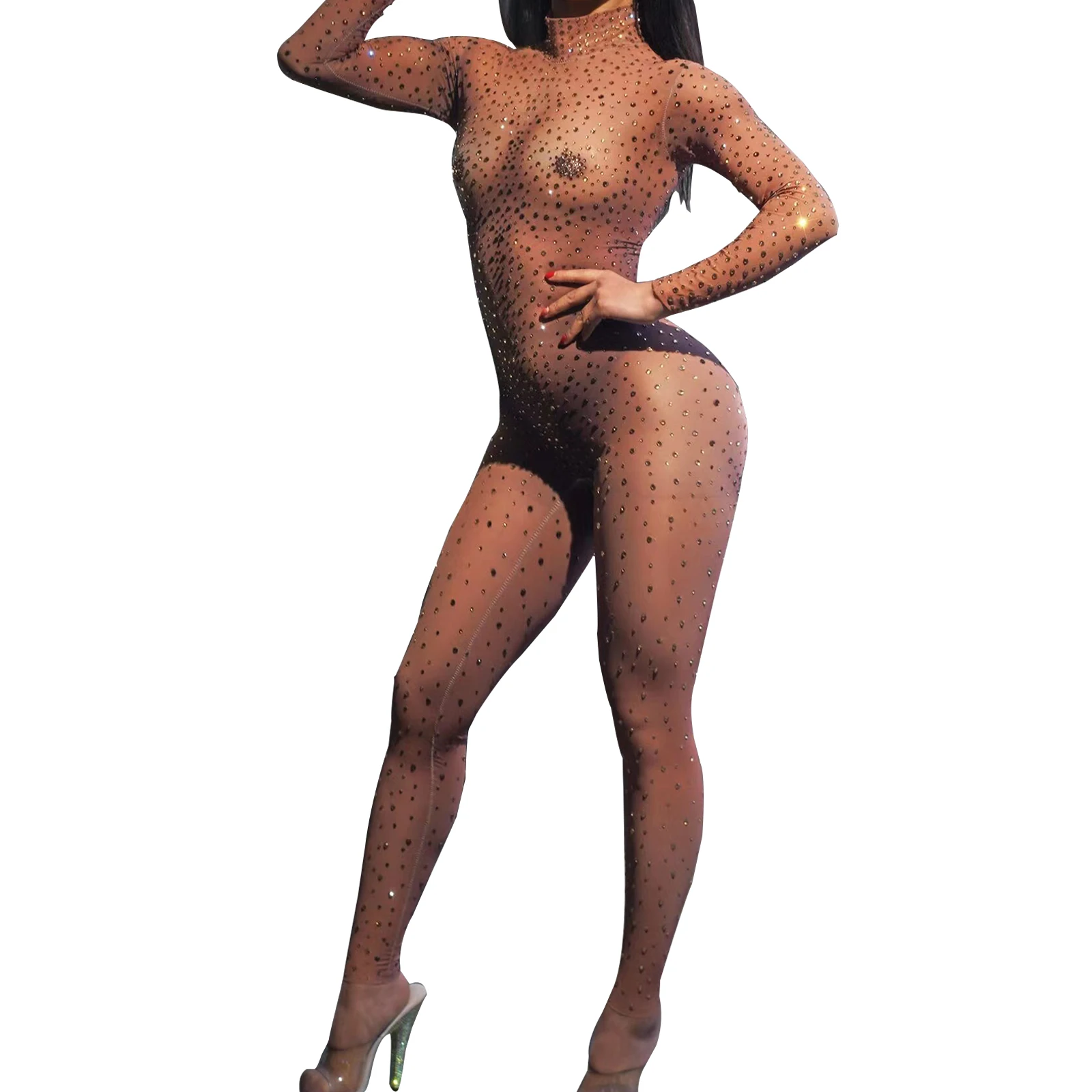 Drag Queen Kostuums Podium Sexy Naakt Vrouwen Strass Jumpsuit Lange Mouw Club Pole Zanger DS Show Turnpakje Dans Verjaardagsfeestje