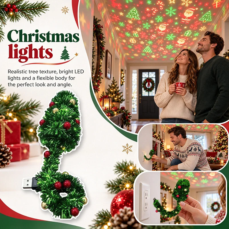 Christmas Projector Light USB Ceiling Projection Lamp Mini Tree Shaped Night Lights Holiday Decor Santa Snowman Cozy Bedroom