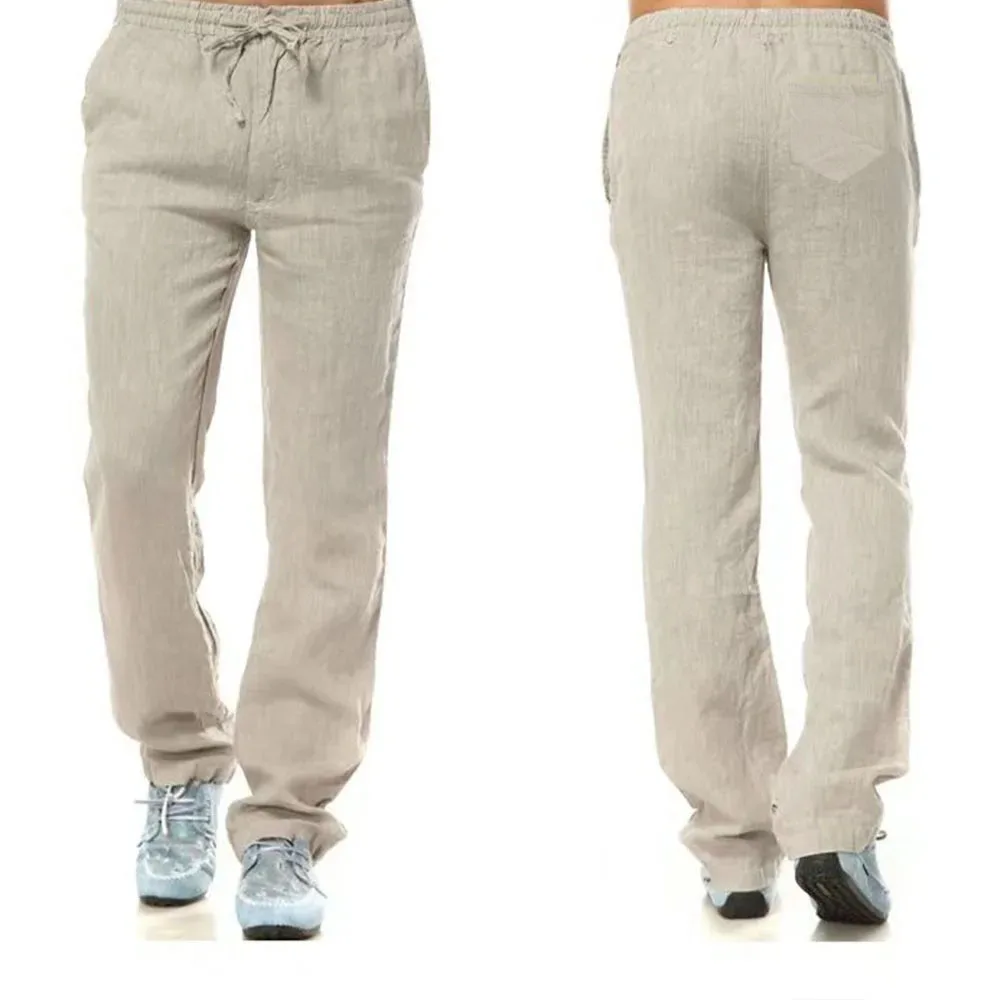 Heren katoenen linnen broek mannelijke herfst nieuwe ademende effen kleur linnen broek fitness streetwear achterkant met zak