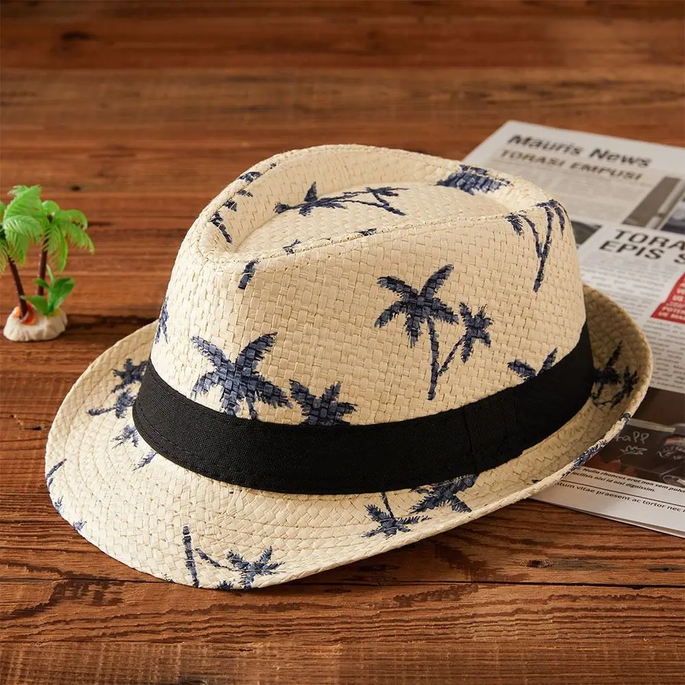 UV Protection Straw Hat Summer Coconut Trees Pattern Breathable Beach Cap Wide Brim Travel Panama Cap Children Kids