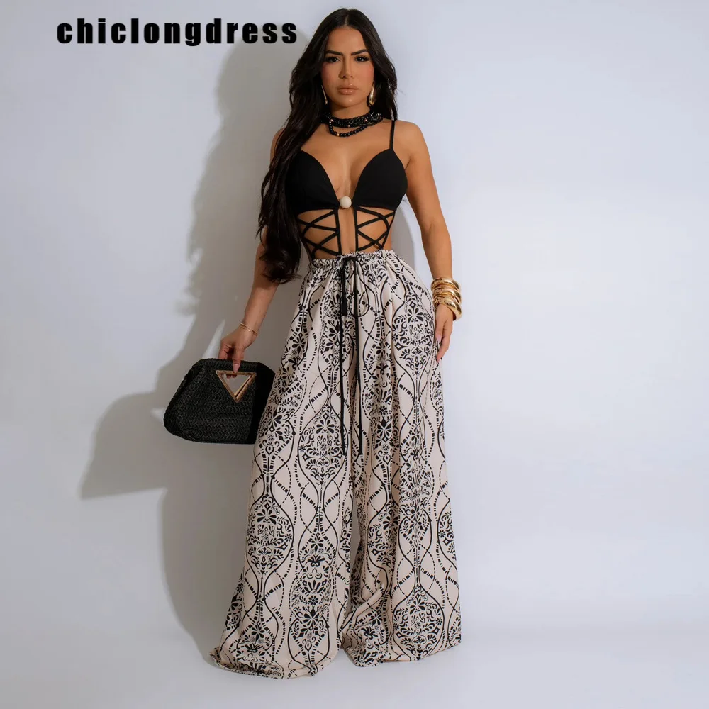 

Summer Sexy Lace Up Wide Leg Jumpsuit Women Fashion Beach Style Camisole Hollowed Out Print Jumpsuit Women