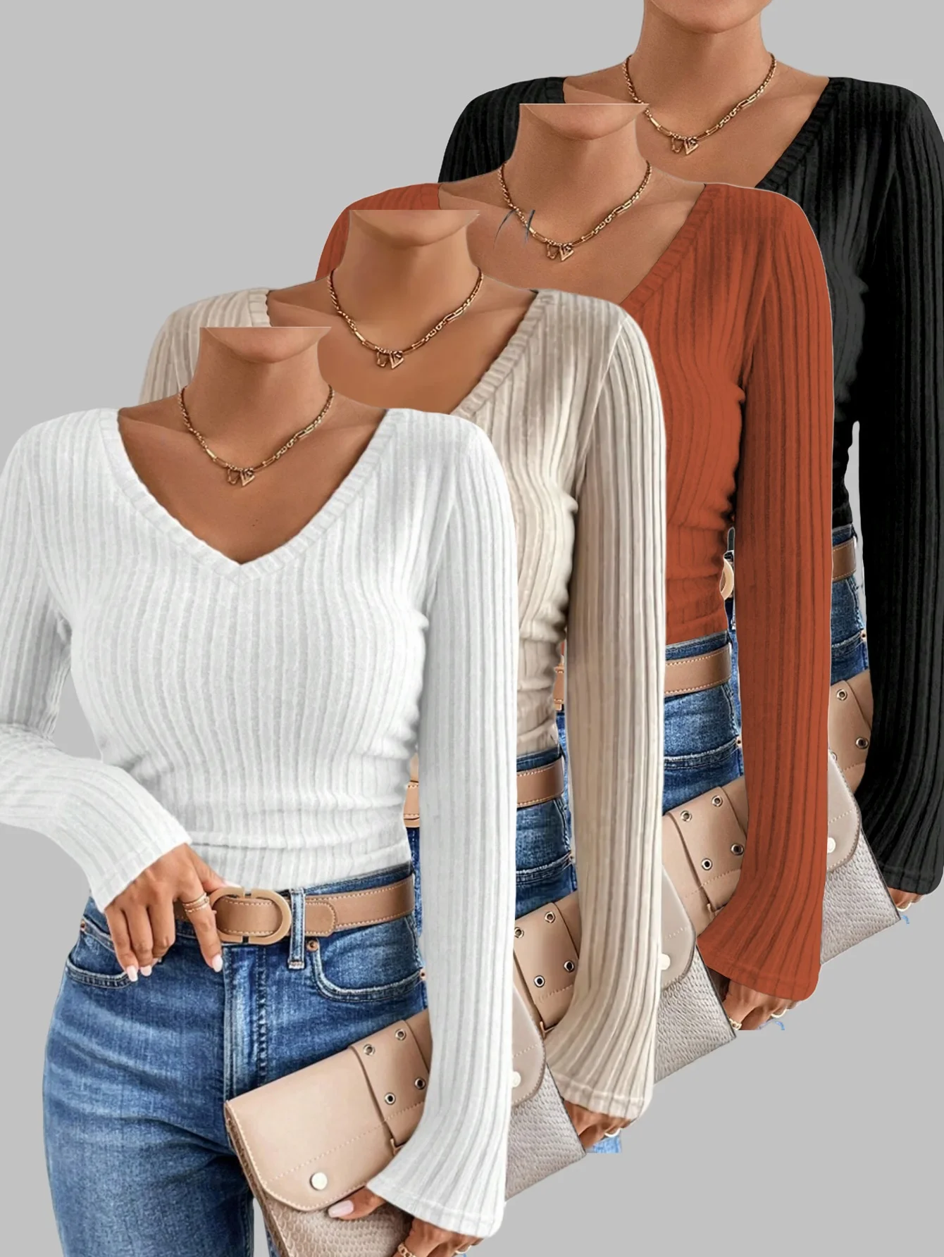 

European and American popular women's V-neck fashion new autumn and winter large-size T-shirt four-piece set