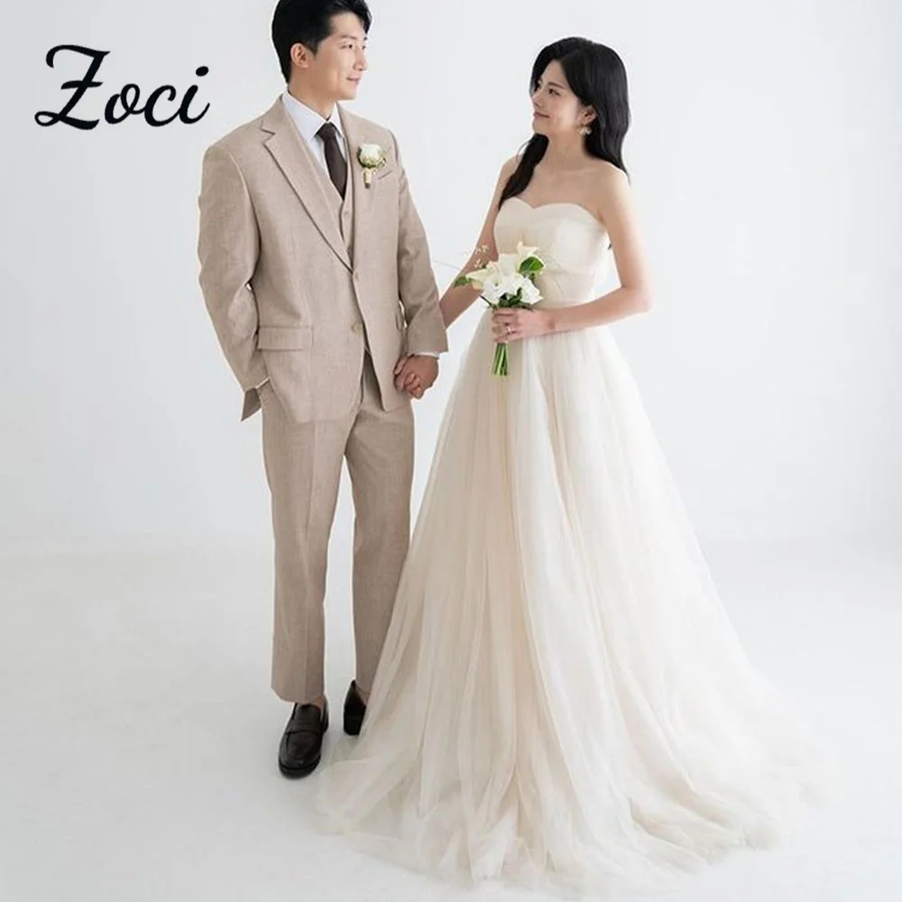 

Zoci Strapless Wedding Dresses Sweetheart A-line Soft Tulle Simple Elegant Bridal Gown Korea Photo Shoot Dresses Customized