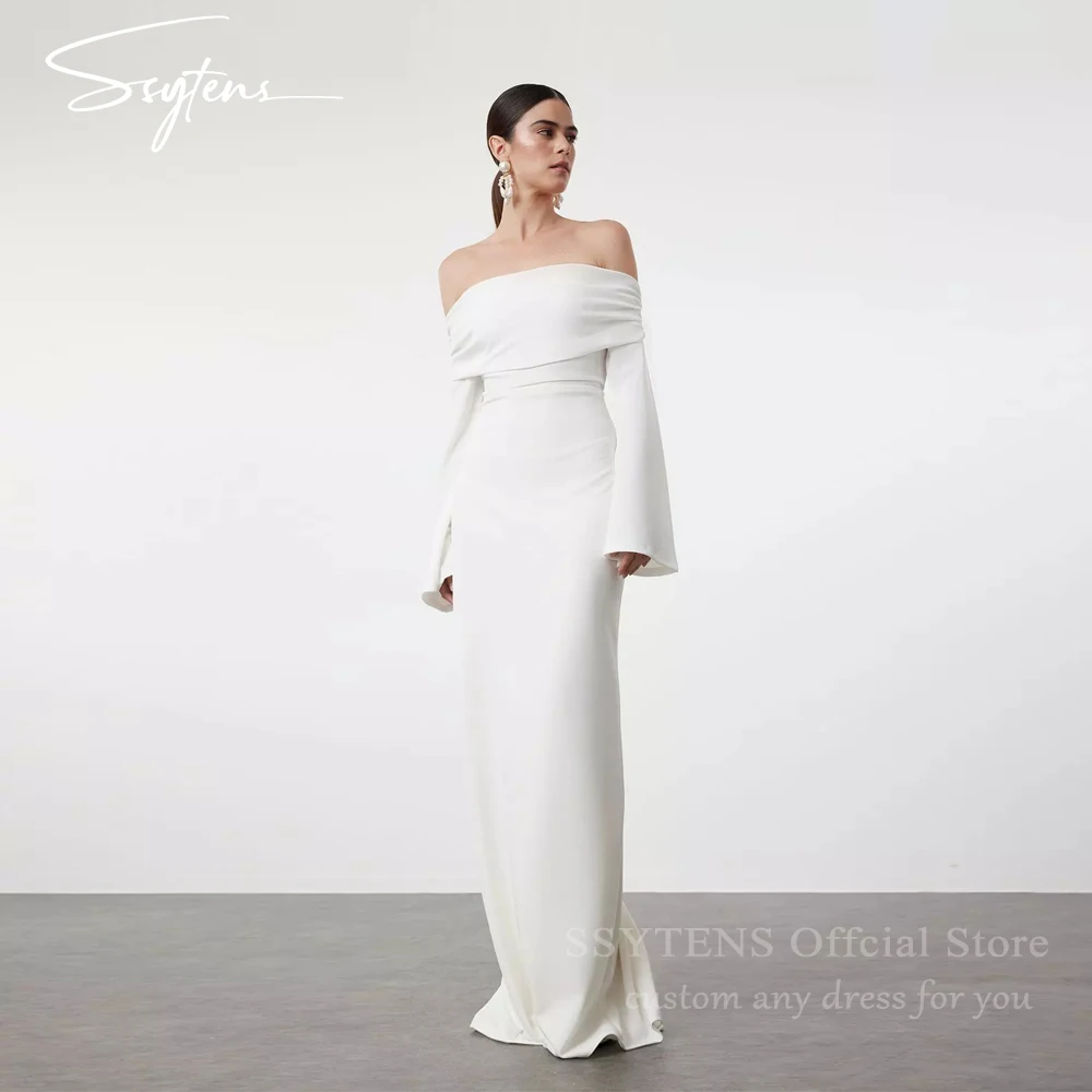 

SSYTENS Long Sleeves Off the Shoulder Wedding Dresses Boat Neck with Pleat Mermaid Customized Backless Sexy Slit Bridal Gowns