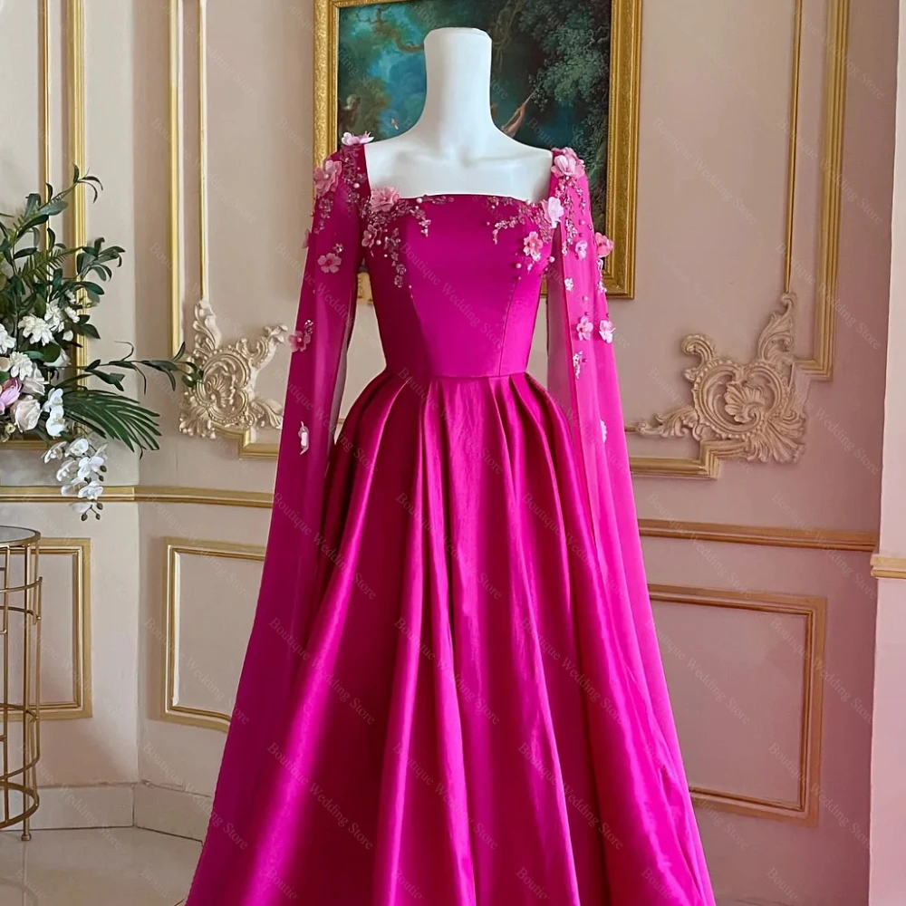 Elegant Appliques Evening Dresses Square Neck 3D Flowers Party Gowns Fashion Cape Sleeves Sweep Train A-Line Prom Dresses