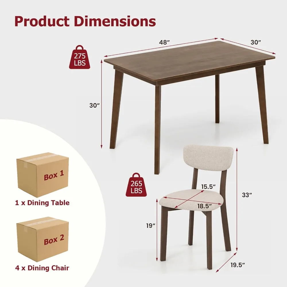 Dining Table Set for 4, Mid-Century Modern Kitchen Table and 4 Chairs, Rubber Wood Legs, Curved Backrest, Dining Room Set