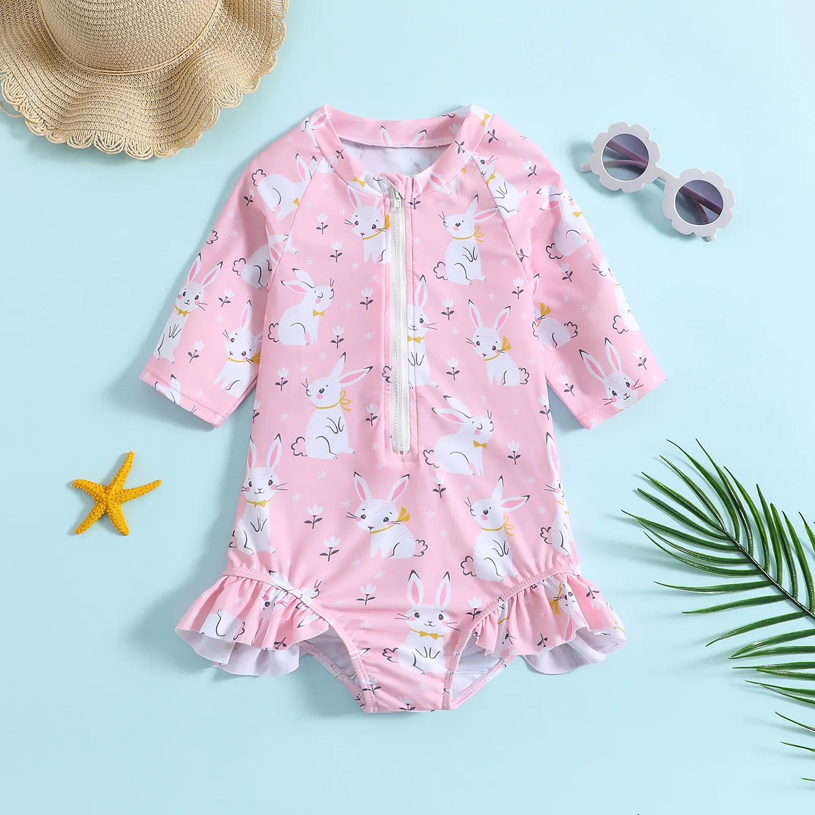 Baby one piece swimsuit with full print cute rabbit cartoon pattern,mid sleeve front zipper and leg ruffle design,suitable for p