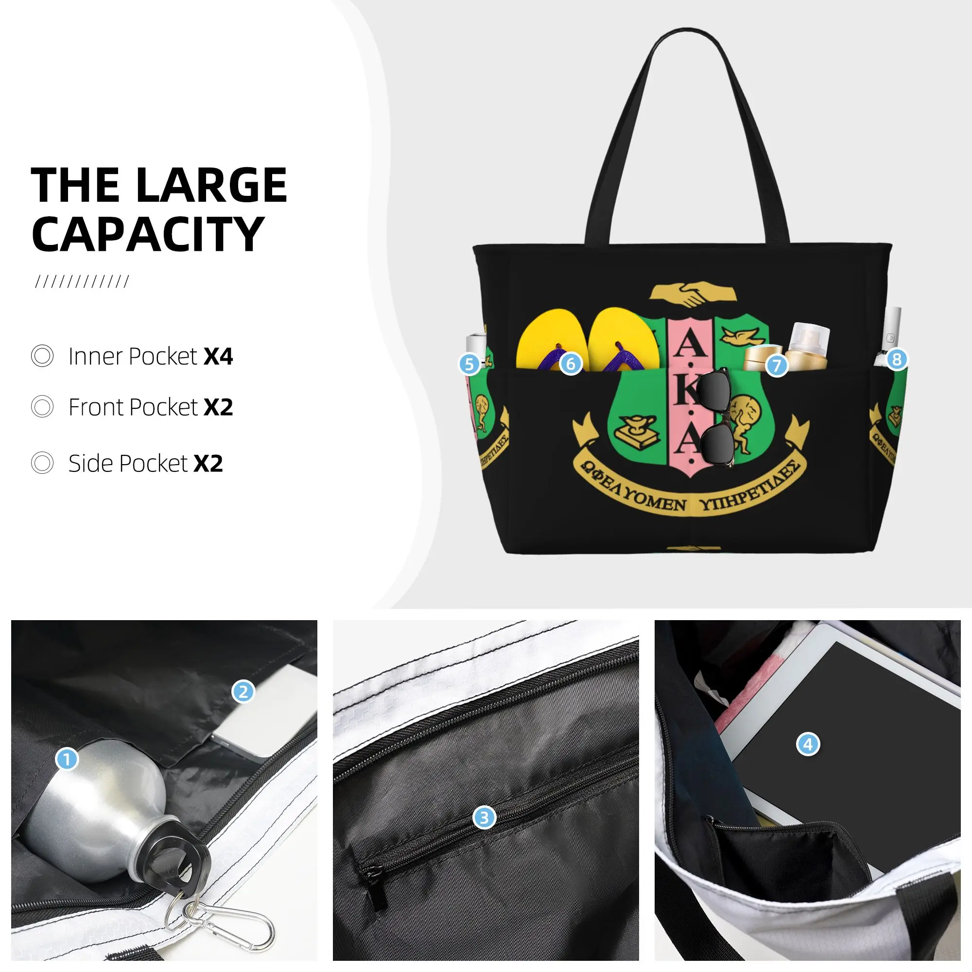 AKA Sorority Large Waterproof Beach Bag for Women Sandproof Pool Bag Tote Bag with Zipper and Pockets for Gym Travel Vacation