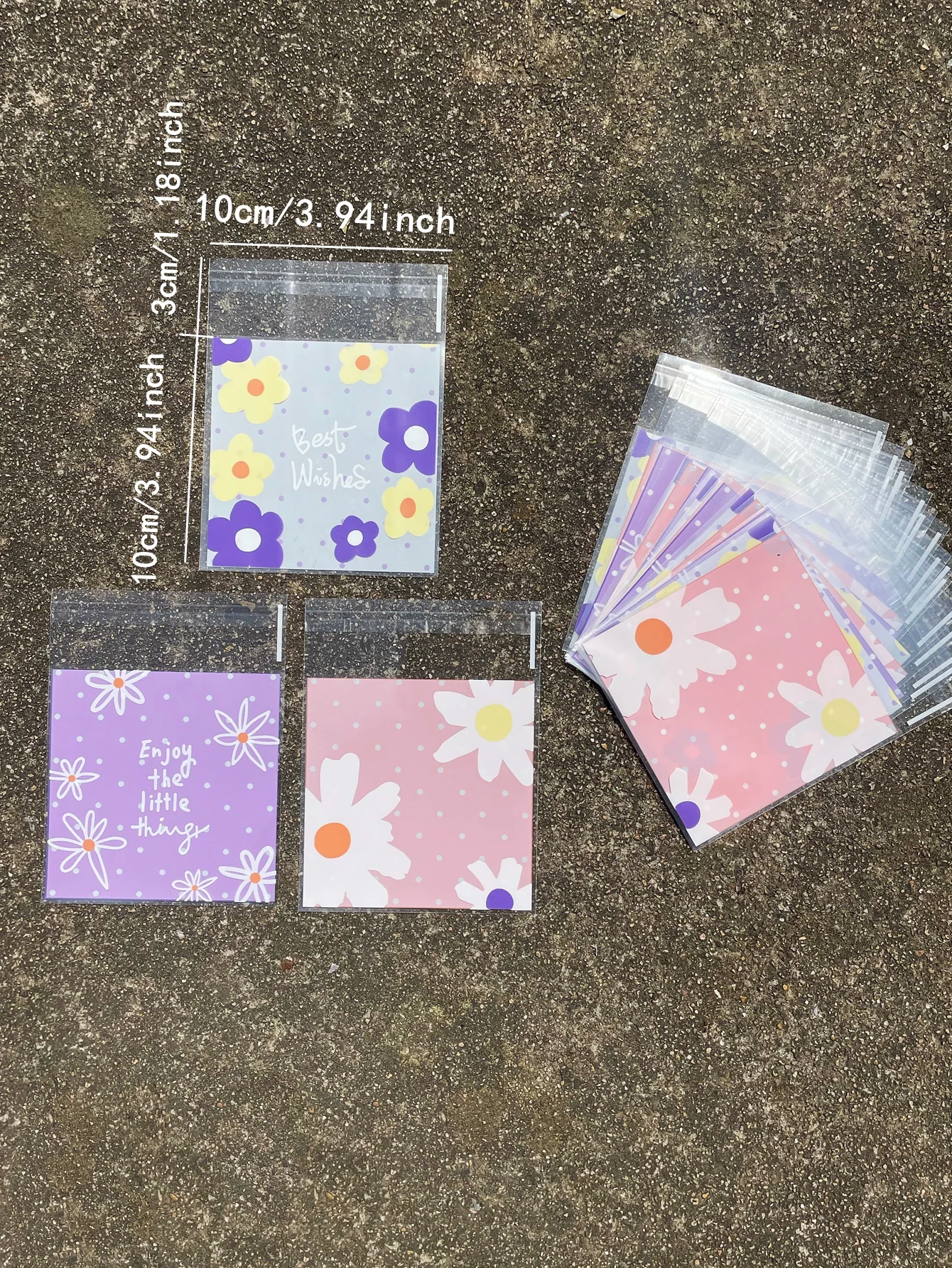 100pcs Small Fresh Pink Purple Flower Pattern Gift Packaging Opp Self-sealing Bag, Daisy Print Small Ornaments Small Candy Bags