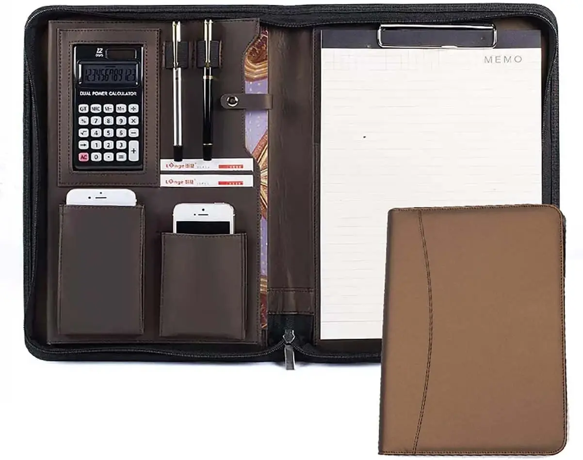 

PU Leather Business with Zipper All-in-One Presentation Slot of Portfolio Solar Calculator and Card Storage Writing Pad