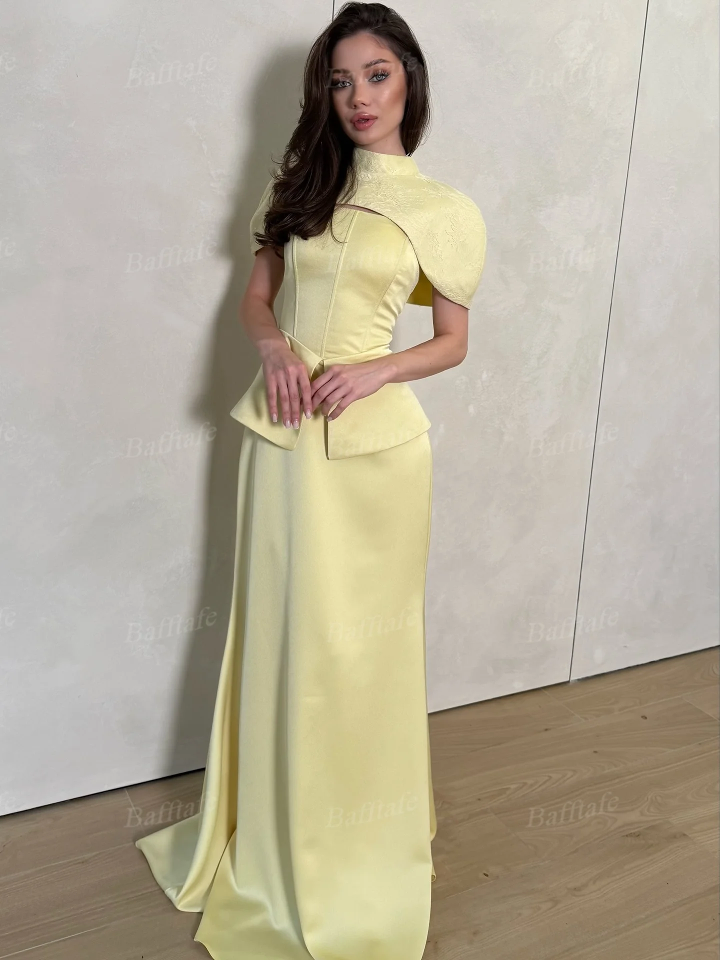 Bafftafe Geel Satijn Zeemeermin Avondfeest Jurken Met Wrap 2 Stuks Aangepaste Vrouwen Prom Jurken Corset Formele Gelegenheid Jurk