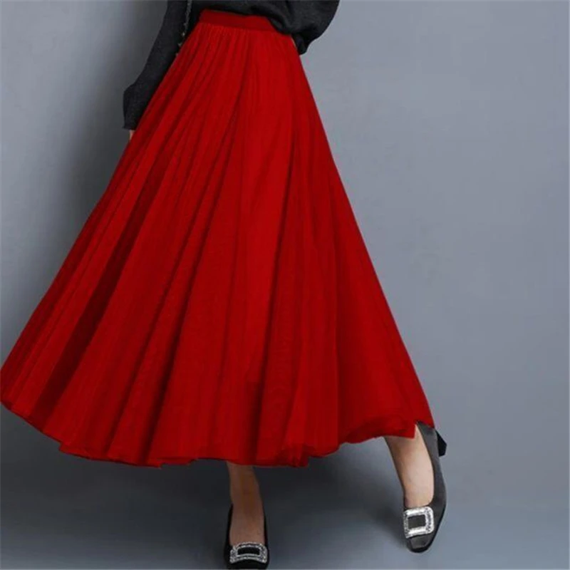 2023Women Summer Fashion 3 Layers Mesh Midi Skirt Female Elegant Fairy Solid Elastic High Waist Pleated Tulle Skirts Jupe Longue