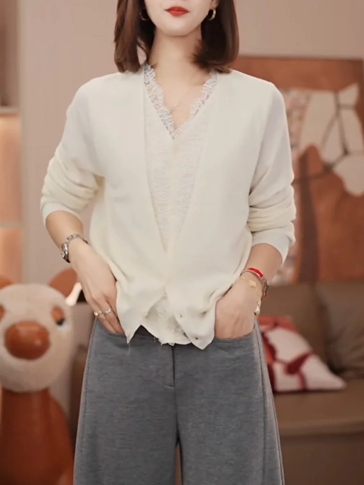 

Женский вязаный свитер Ele с кружевными вставками, большие размеры, корейский стиль, для повседневной носки, теплый, с длинным рукавом, V-образный вырез, стандартный крой