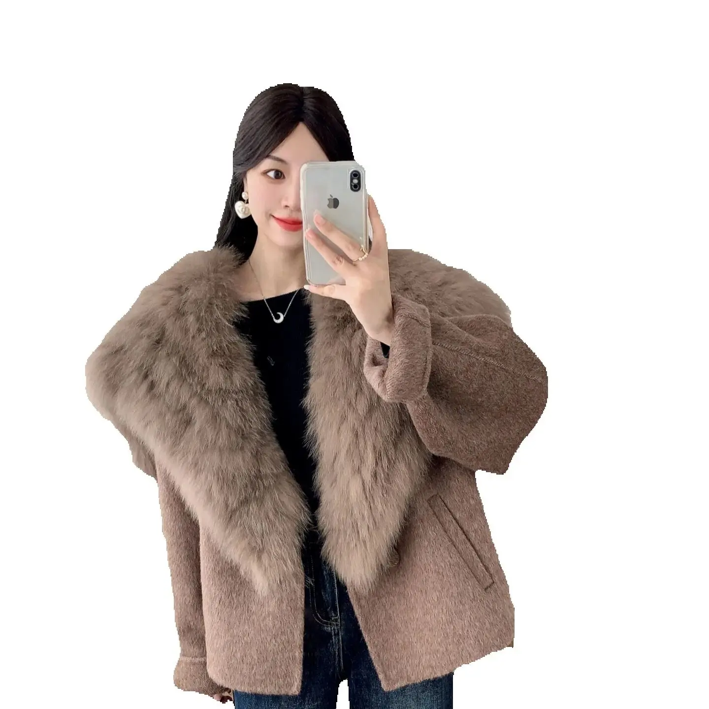 

Шерстяное серое двустороннее пальто из новой шерсти с коротким мехом и воротником из кашемира с вставками из лисьего меха, силуэт «морской волк»