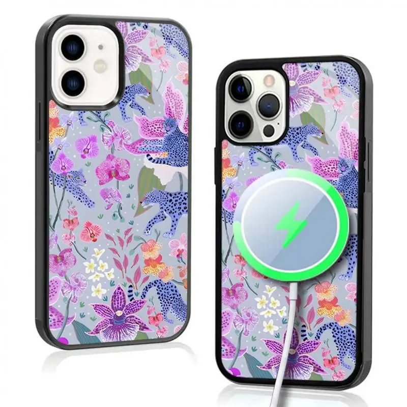 Blue Leopards In Orchid Garden Case For iphone 11 12 13 14 15 Plus Pro Max Mirror Acrylic For Magsafe Wireless Charging