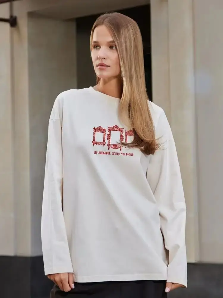 Vintage Carved Mirror Frame Print Russian Retro T Shirt Women Casual 100% Cotton Comfortable Long Sleeve O Neck Spring Autumn