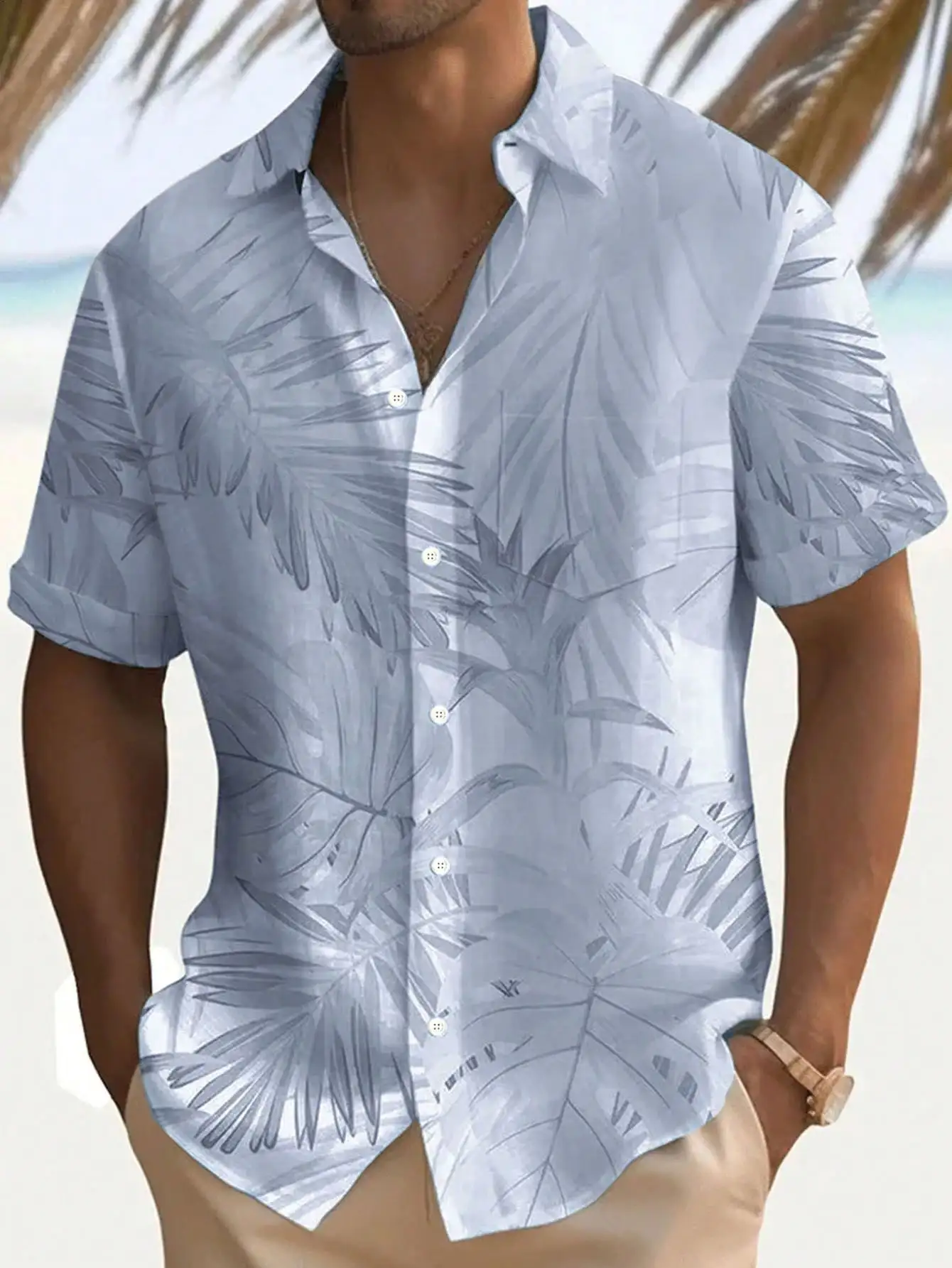 

Lightweight Loose Fit Short Sleeve Button-Down Shirt with Tropical Leaf Print for Men