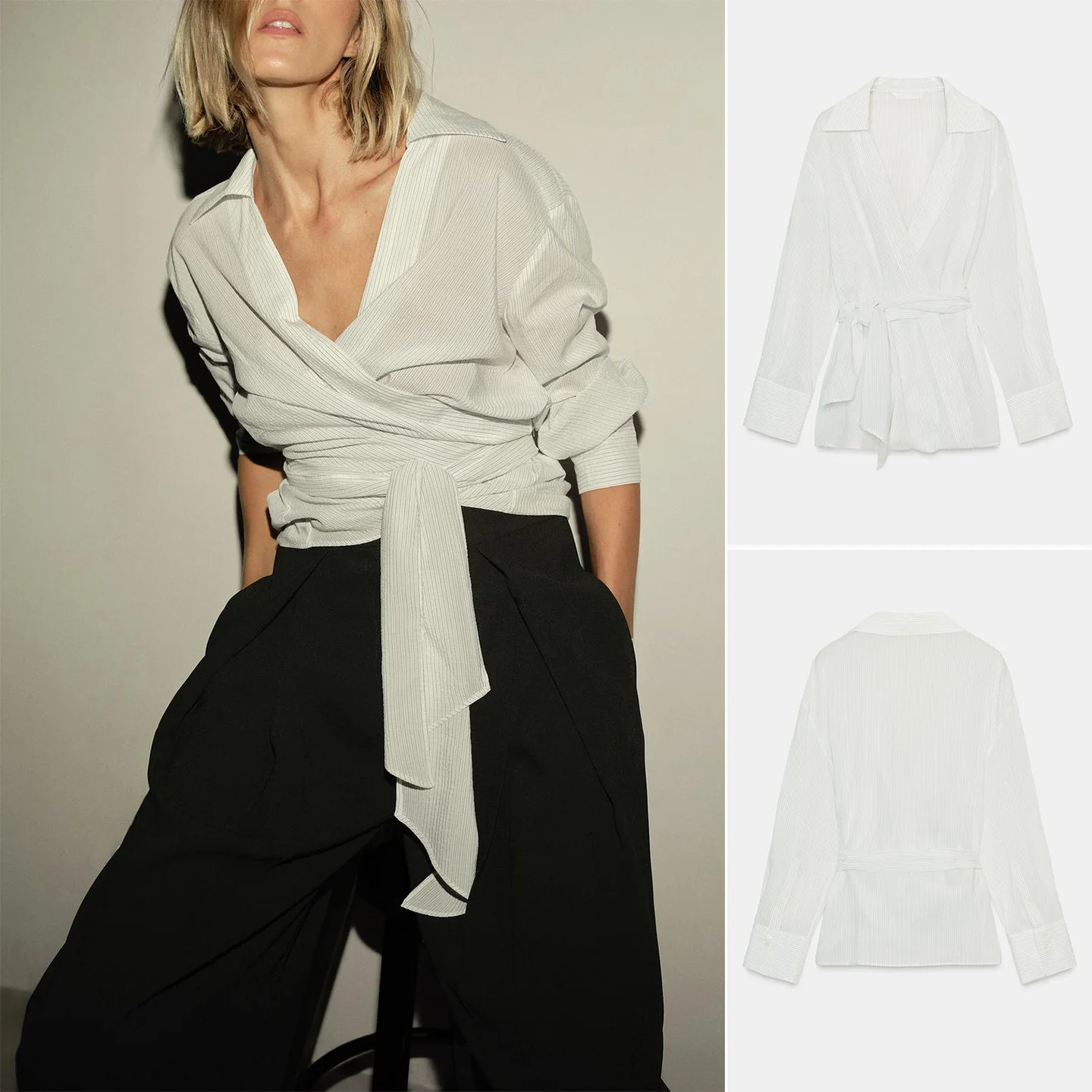 

Fall New Arrival Women's mat Sle Knot Belt V-ne Long Sve Striped Double-breasted Top Breathable Polye...