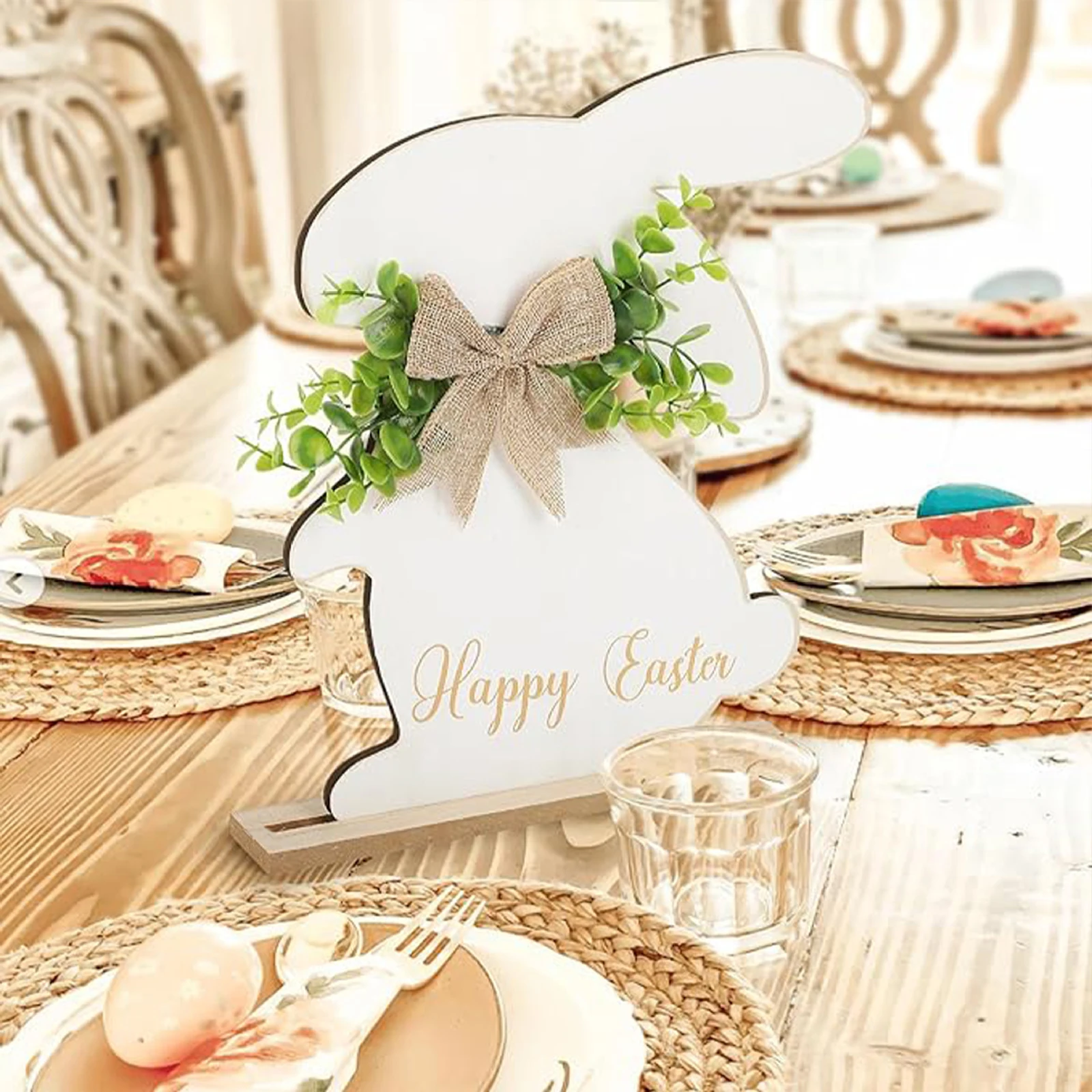 Easter Wooden Table Sign with Burlap Bow Rustic Rabbit Sign Tabletop Ornaments Indoor Decorations