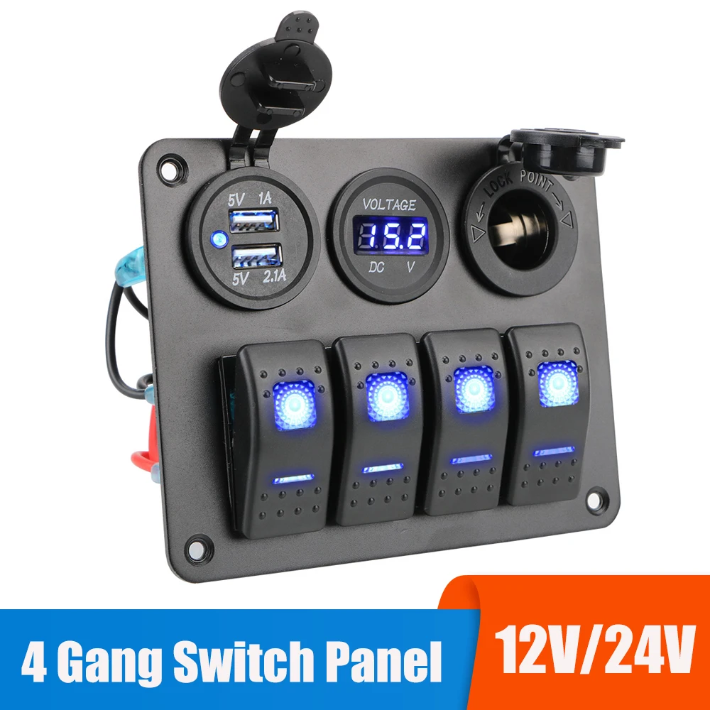 Interior Accessories Digital Voltmeter Dual USB Port DC 12V/24V 4 Gang Aluminum Panel Circuit Breaker LED Rocker Switch Panel