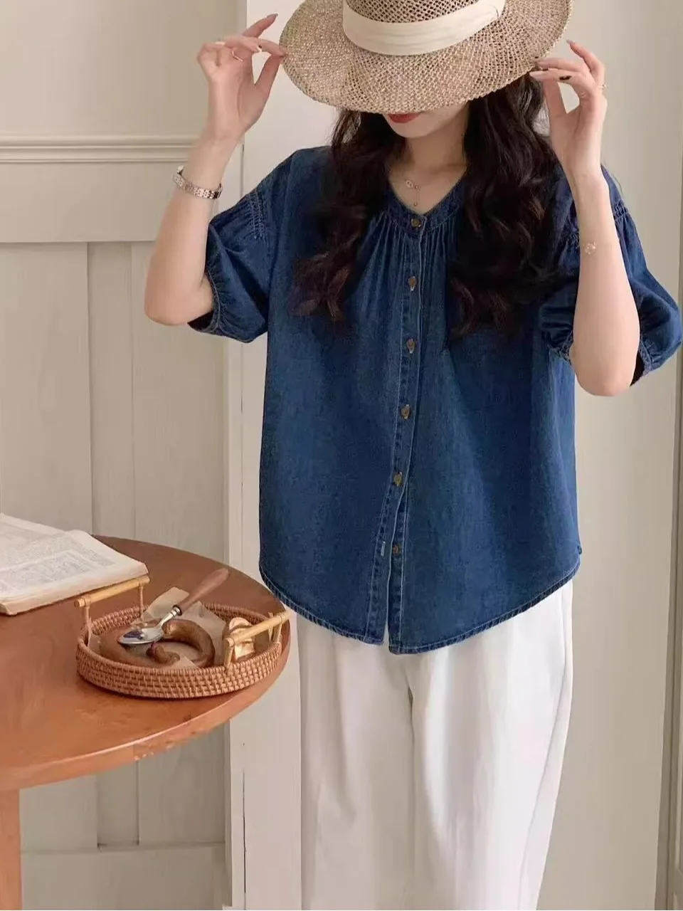 

Свободный женский джинсовый светильник irt Lantern Sve round Ne Casual Sle Cotton Top Sweet Youthful Doll irt Commute Faion