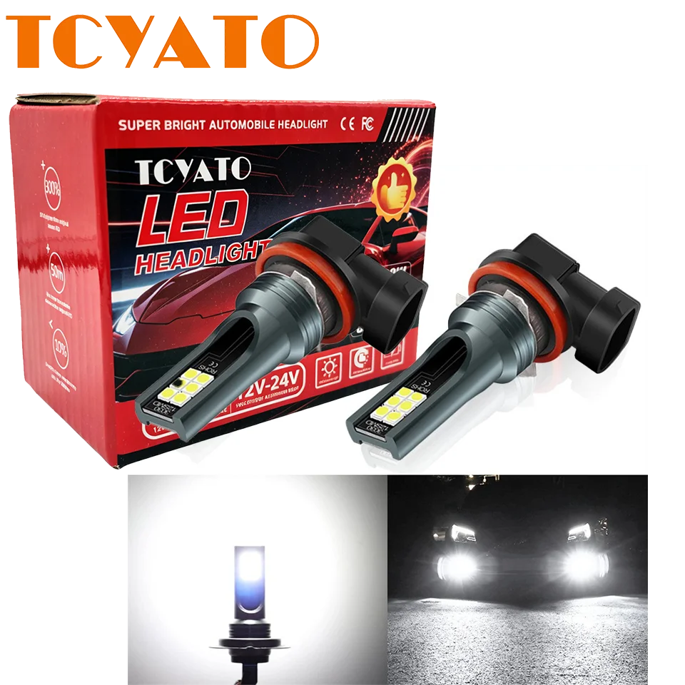 TCYATO 2PCS H11 H8 LED Car Fog Light Bulbs H9 HB3 9005 9006 H7 H4 10W 2000Lm 6000K White 3000K Yellow 8000K Blue Auto Fog Lamp