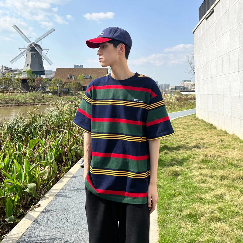 Vintage Striped Print O Neck Short Sleeve Men T Shirt High Street Fashion All-match Oversized Couples Clothing Hip Hop Punk Tops