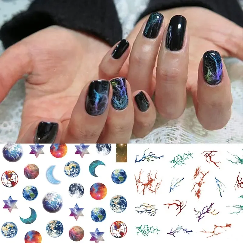 1 unidad de pegatinas de transferencia de manicura 3D con flores secas y Luna, diseño de uñas, accesorios para uñas con forma de luna de mármol y agua