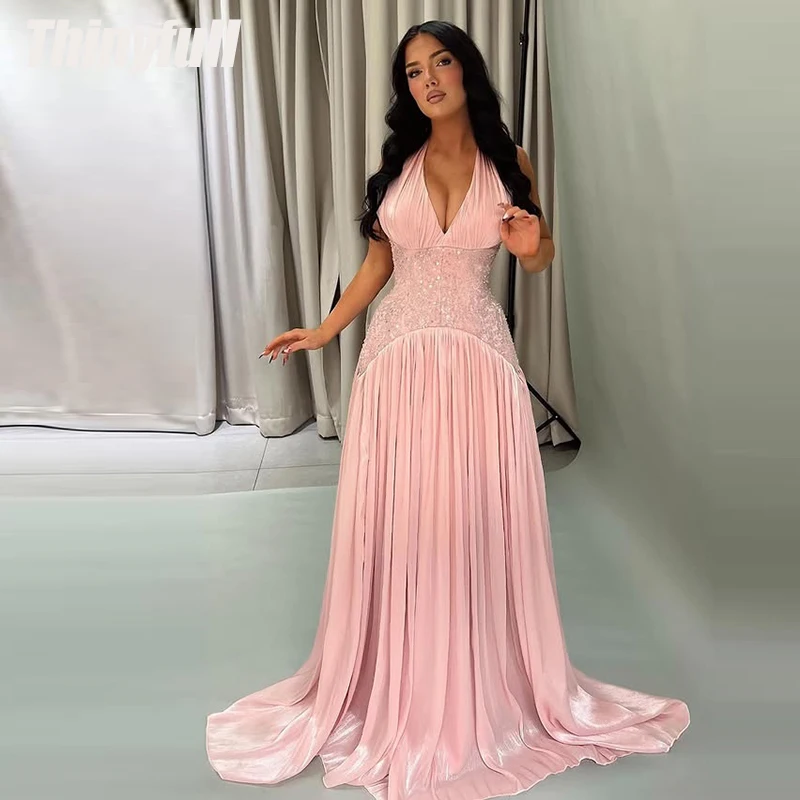 Thinyfull 2026 A-line Arab  Prom Dresses Halter Sleeveless Shiny Satin Evening Party Gown Dubai Dress robe de soirée Customized