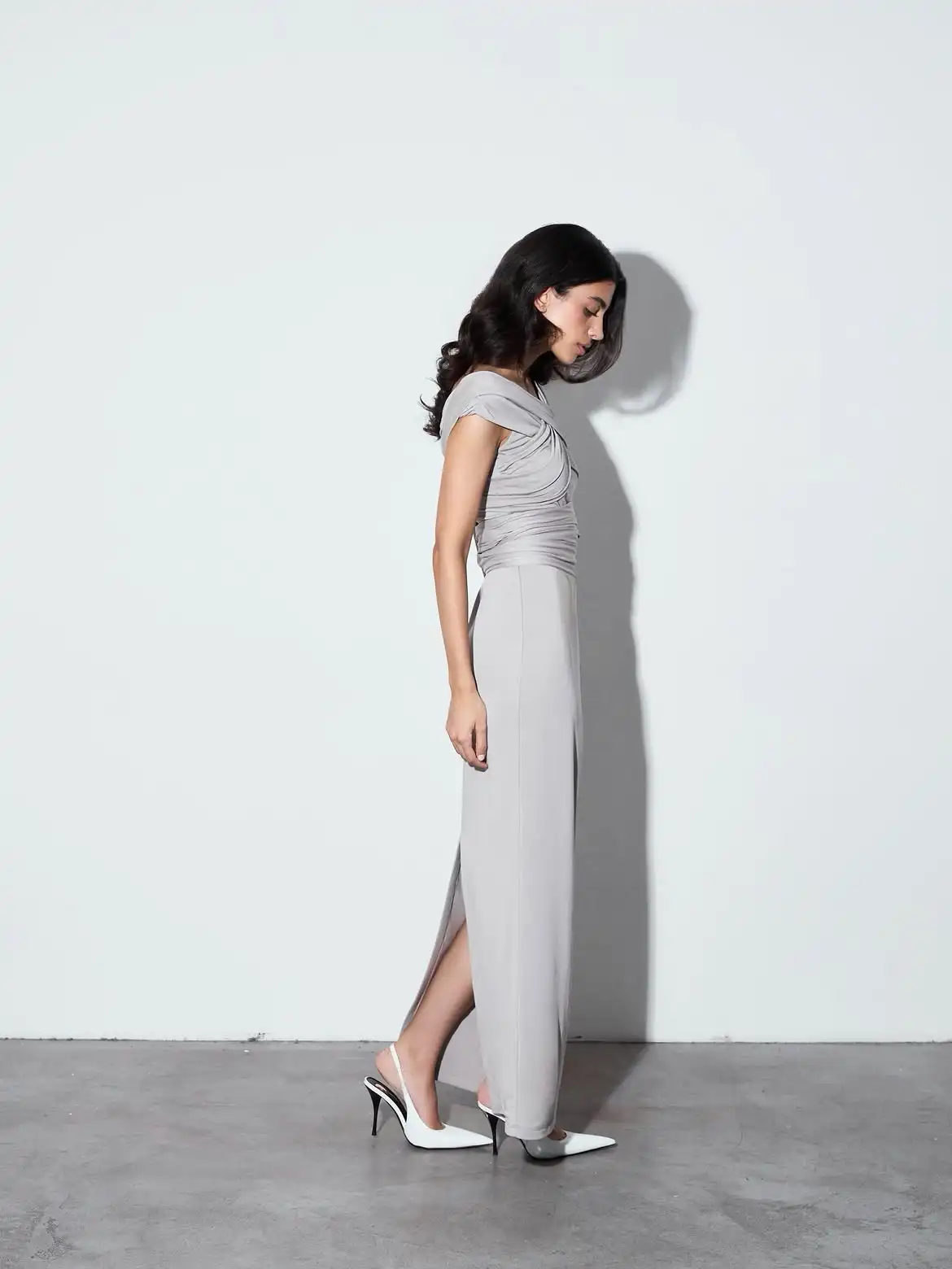 Light Grey Evening Maxi Dress Fold Over Cross Off Shoulder Neck Multi-Layer Cross Draped Bust Waist Horizontal Ruched Band Slim