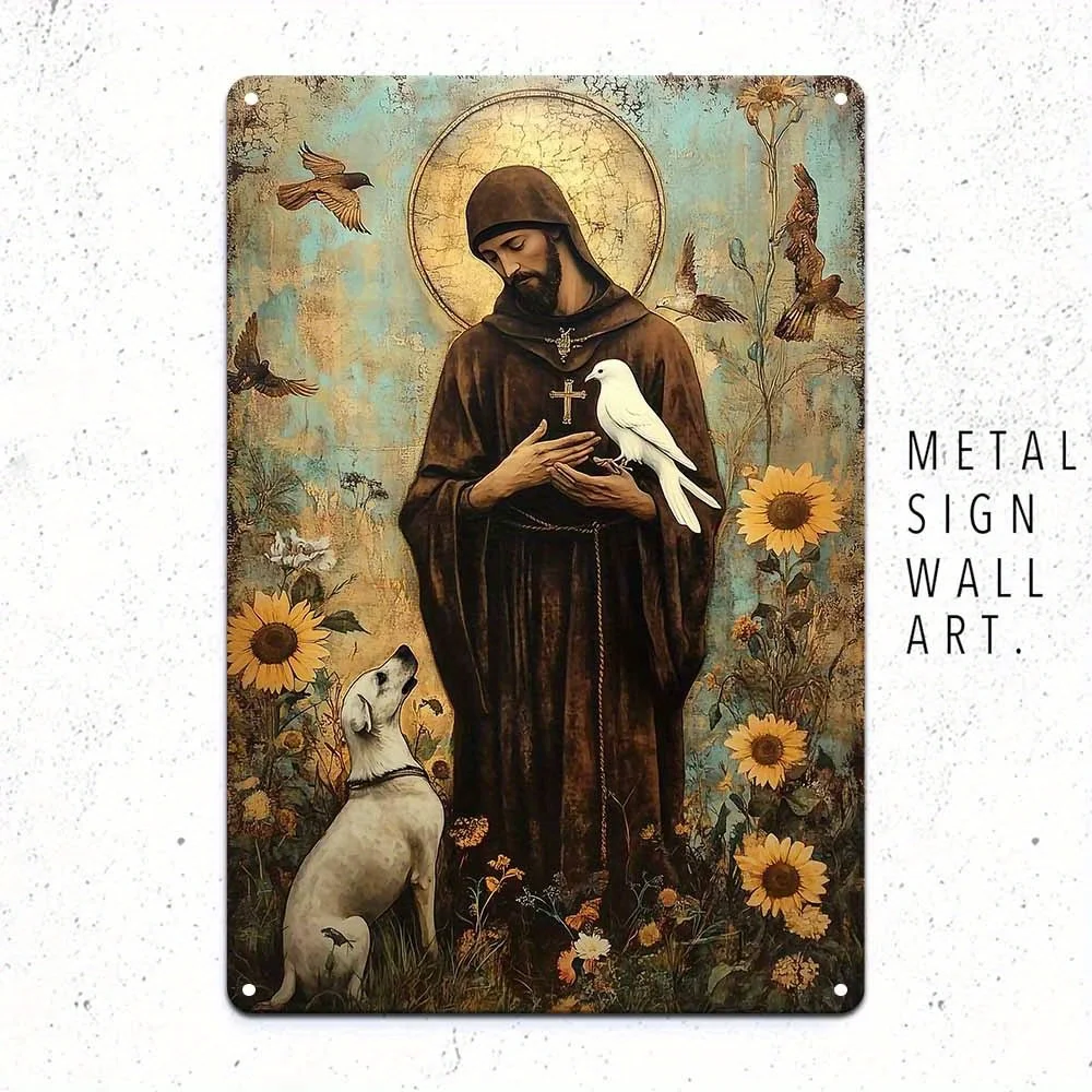 Saint Francis and Animals Metal Wall Sign, Rustic Christian Art Decor, Weatherproof Aluminum Religious Plaque for Home