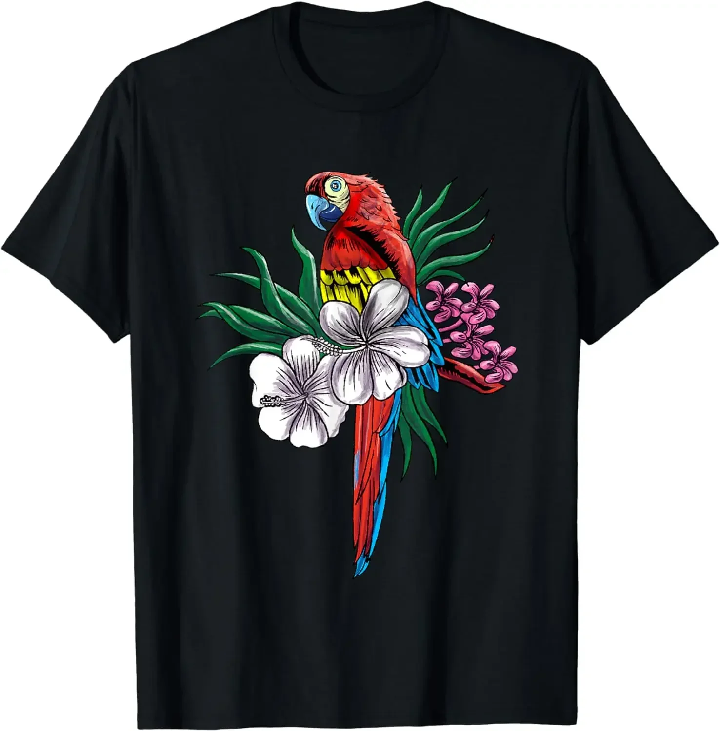 

Tropical Macaw Parrot with Hibiscus Flowers Graphic T Shirt Men Summer Trip Breathable Tee