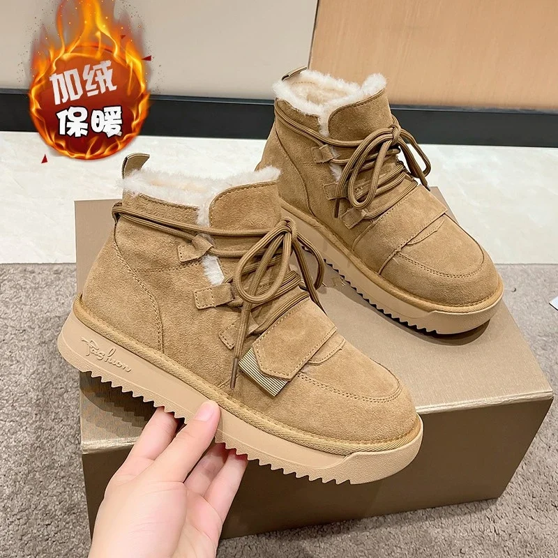 Winter Cow Suede Leather Women Snow Boots New Fashion Khaki Lace Up Mid Heel Platform Boots Plush Warm Non Slip Shoes for Women