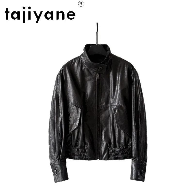 TAJIYANE Top Layer Cowhide Genuine Leather Jacket Woman Oil Waxed Leather Coat Short Biker Jackets for Woman Elastic Hem Jaqueta