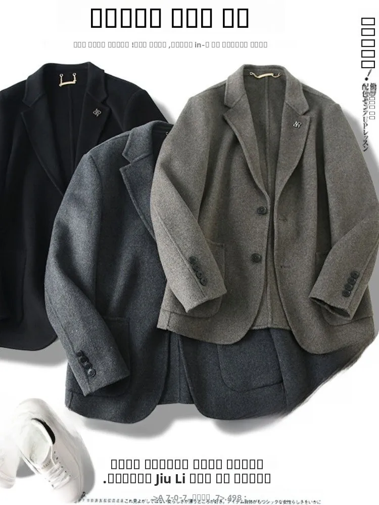 

Double-Faced Woolen Men's Casual Suit Jaet Busin Sle Spring Faionable Outerwear Stand Fit Long Sve