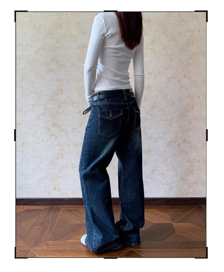 Women's Retro Cat Whisker Straight Leg Micro Flared Jeans Cool Girl Streetwear Wide Leg Trouser Female Casual Vintage Denim Pant