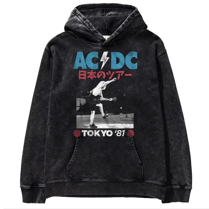 Hip hop ACDC band 1981 Rock Band Tokyo concert commemorative edition men\'s metal punk made old printed washed hoodie hoodie