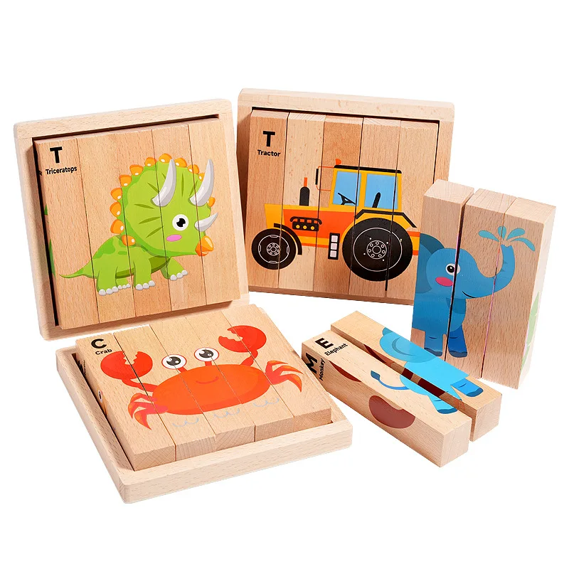 Drewniane stereoskopowe paski, klocki konstrukcyjne transportu zwierząt, puzzle edukacyjne z dinozaurami, puzzle z wzorem 4-stronnym