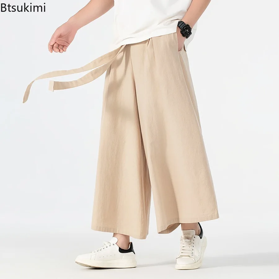 2025 Chinese Style Cotton Linen Pants Men's Japanese Kimono Casual Trousers Harajuku Streetwear Summer Retro Wide Leg Pants Male