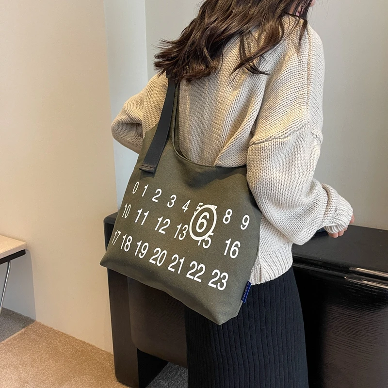 Women\'s Large Capacity Canvas Bag 2024 New Number Printed Tote Bag Ladies Casual Street One Shoulder Portable Shopping Handbag