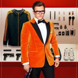 Orange Velvet Mens Suits Groom Tuxedos Prom Fashion Coat/Male Daily Casual Wear Clothes 2 Piece Blazer with Black Pants Custom